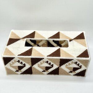 Geometric Needlepoint Tissue Box Cover MCM Brown Beige Cream 10 Inch Vintage